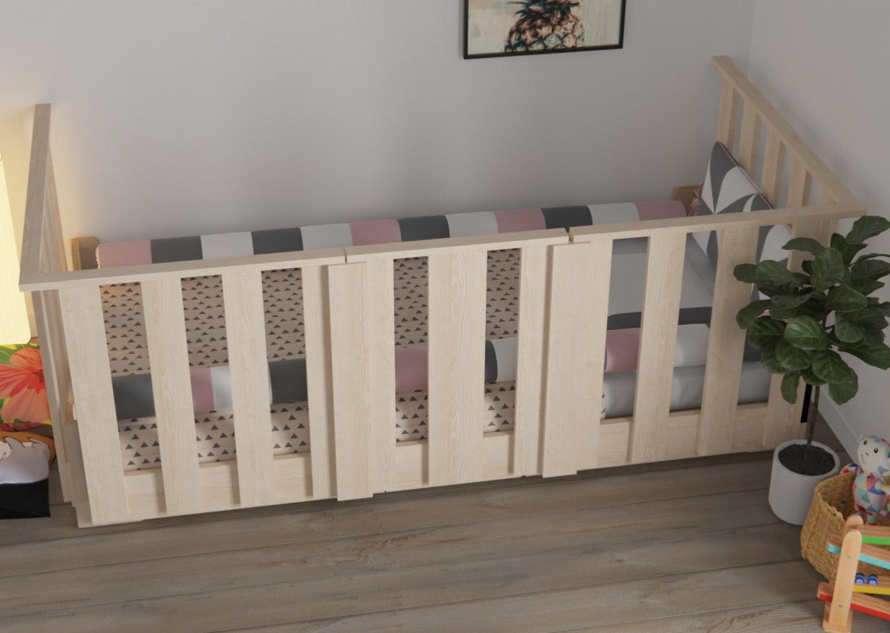 Montessori floor bed frame with high rails. Perfect for toddlers.