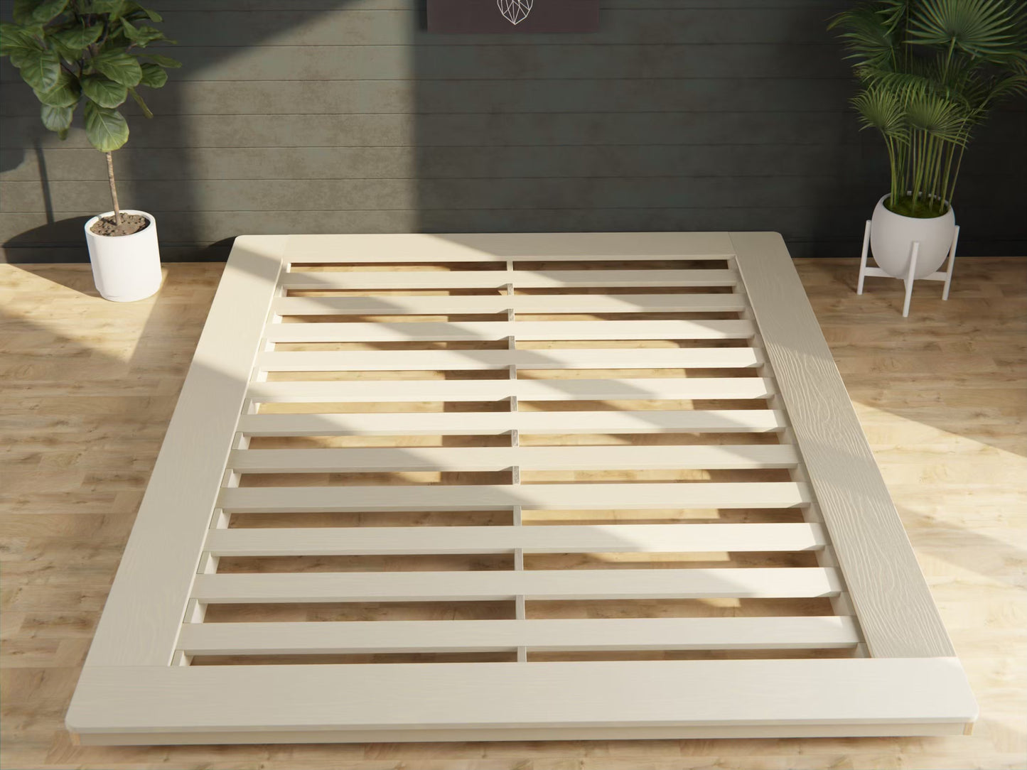 Low-profile solid-wood bed frame—sleek floating design adds comfort and calm to any bedroom