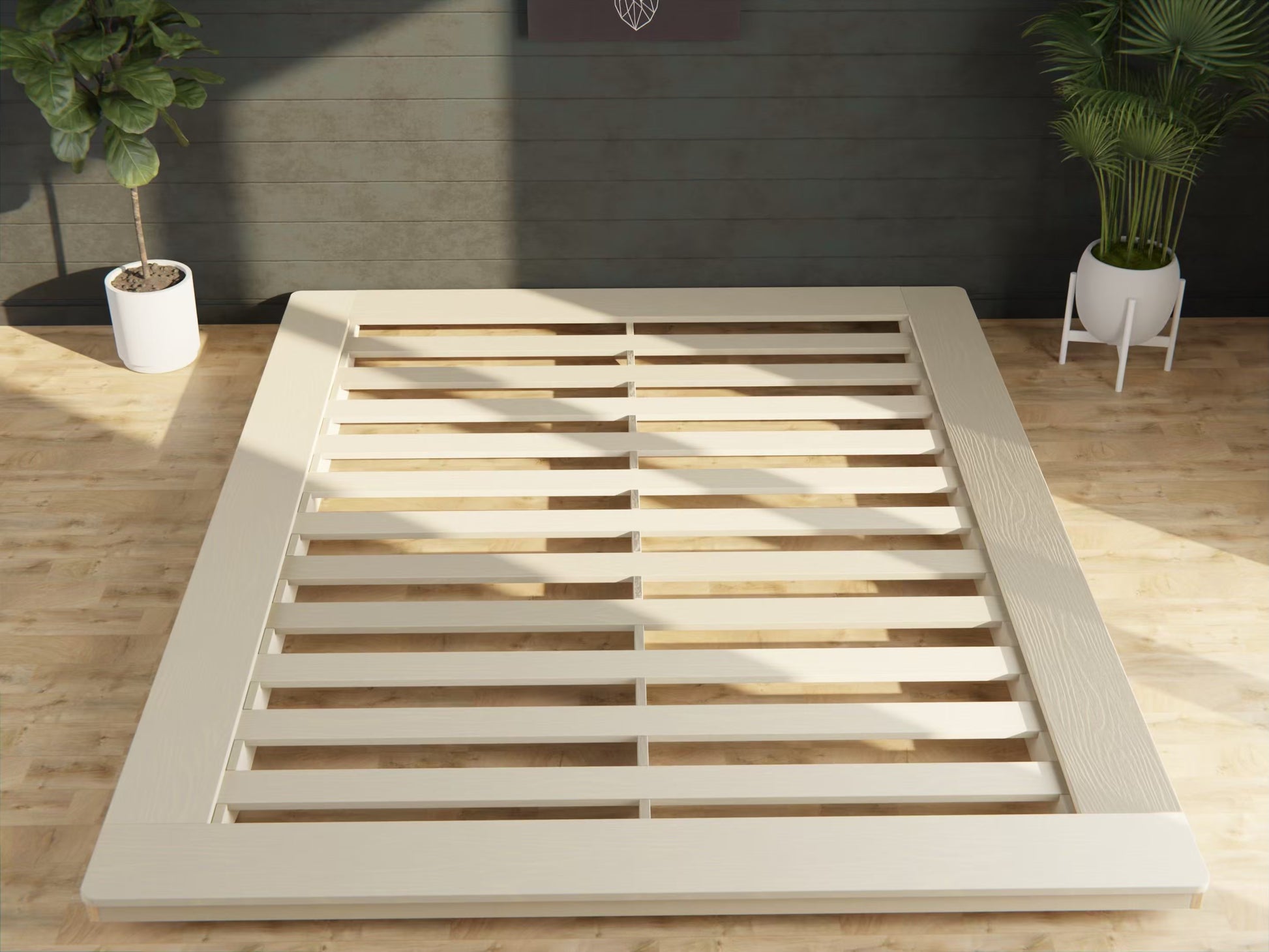 Low-profile solid-wood bed frame—sleek floating design adds comfort and calm to any bedroom