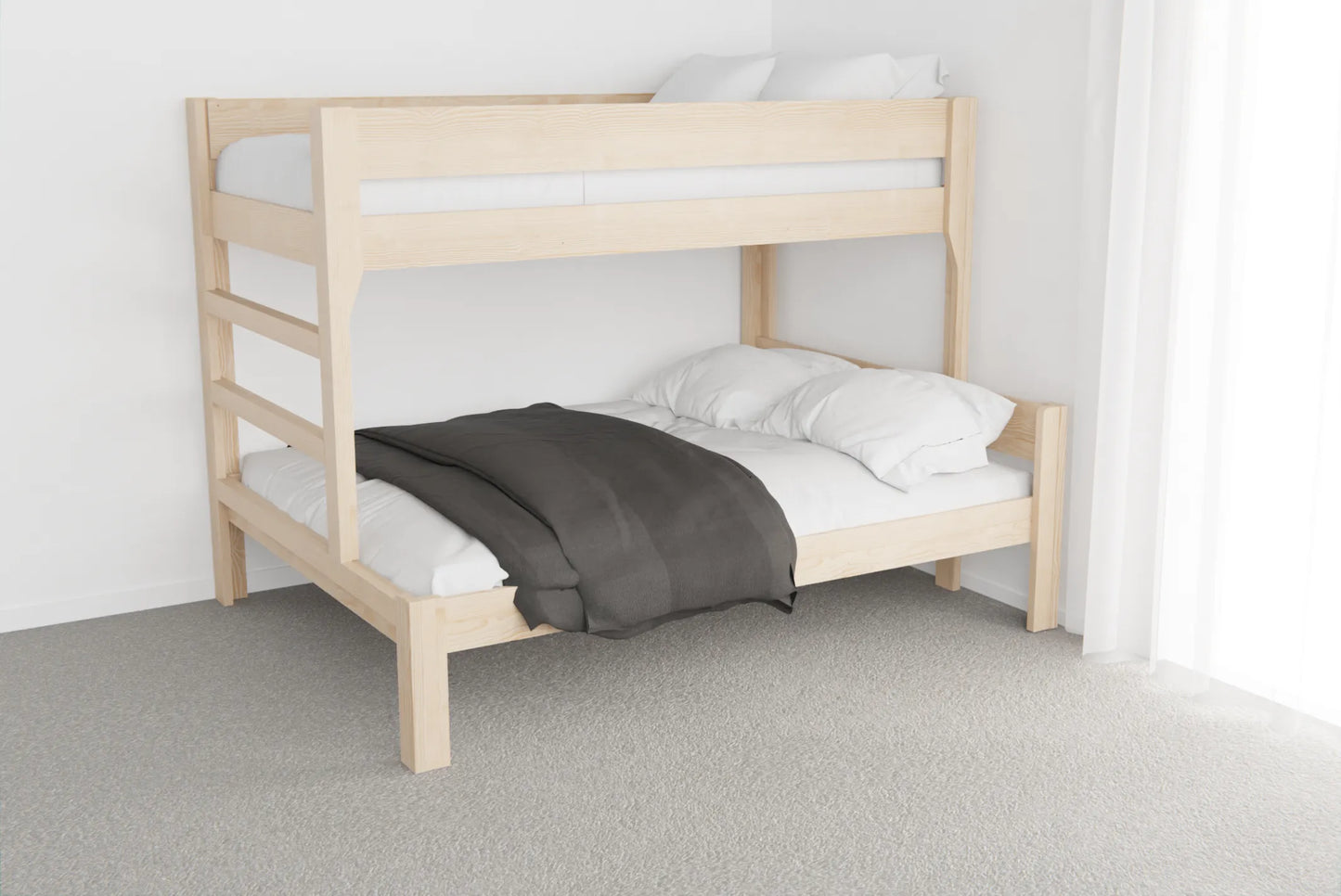 Front view of solid NZ pine family bunk bed showing sturdy ladder, high guard rails and generous lower bed