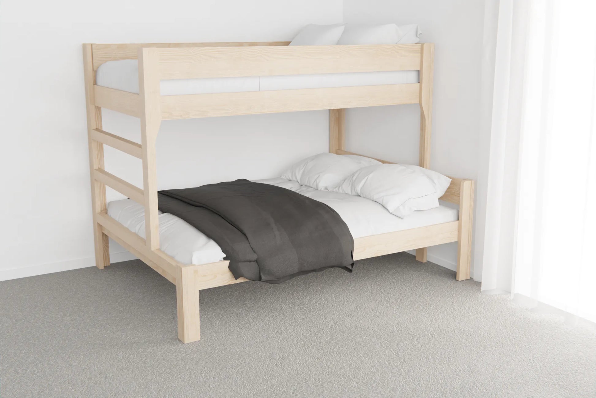 Front view of solid NZ pine family bunk bed showing sturdy ladder, high guard rails and generous lower bed