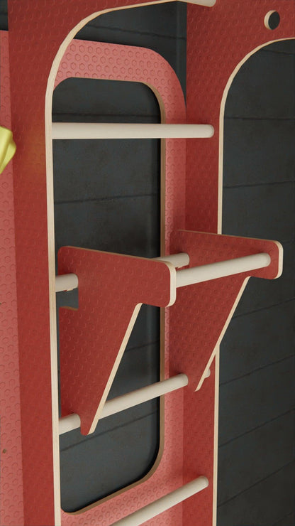 Enjoy exciting indoor sports with our kids' gym and rock climbing wall, designed in a striking red and black