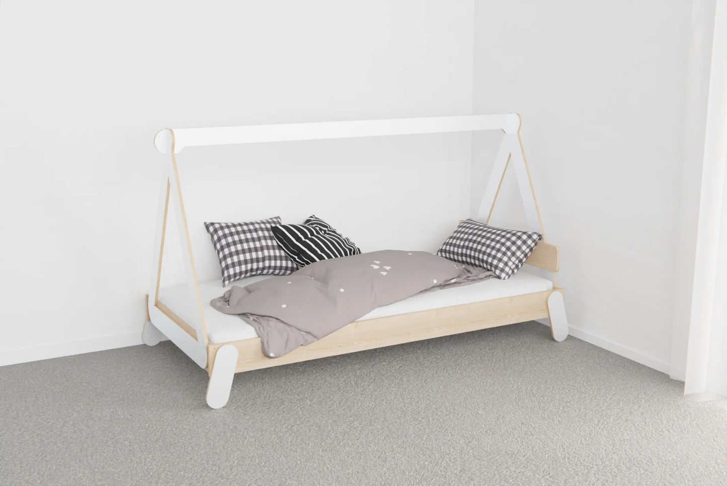 Kids’ canopy floor bed in solid NZ pine with a simple birch plywood canopy frame, shown in a bright, modern children’s room