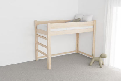 NZ pine loft bed for kids aged 4+, featuring a cosy under-bed nook for play or a second mattress