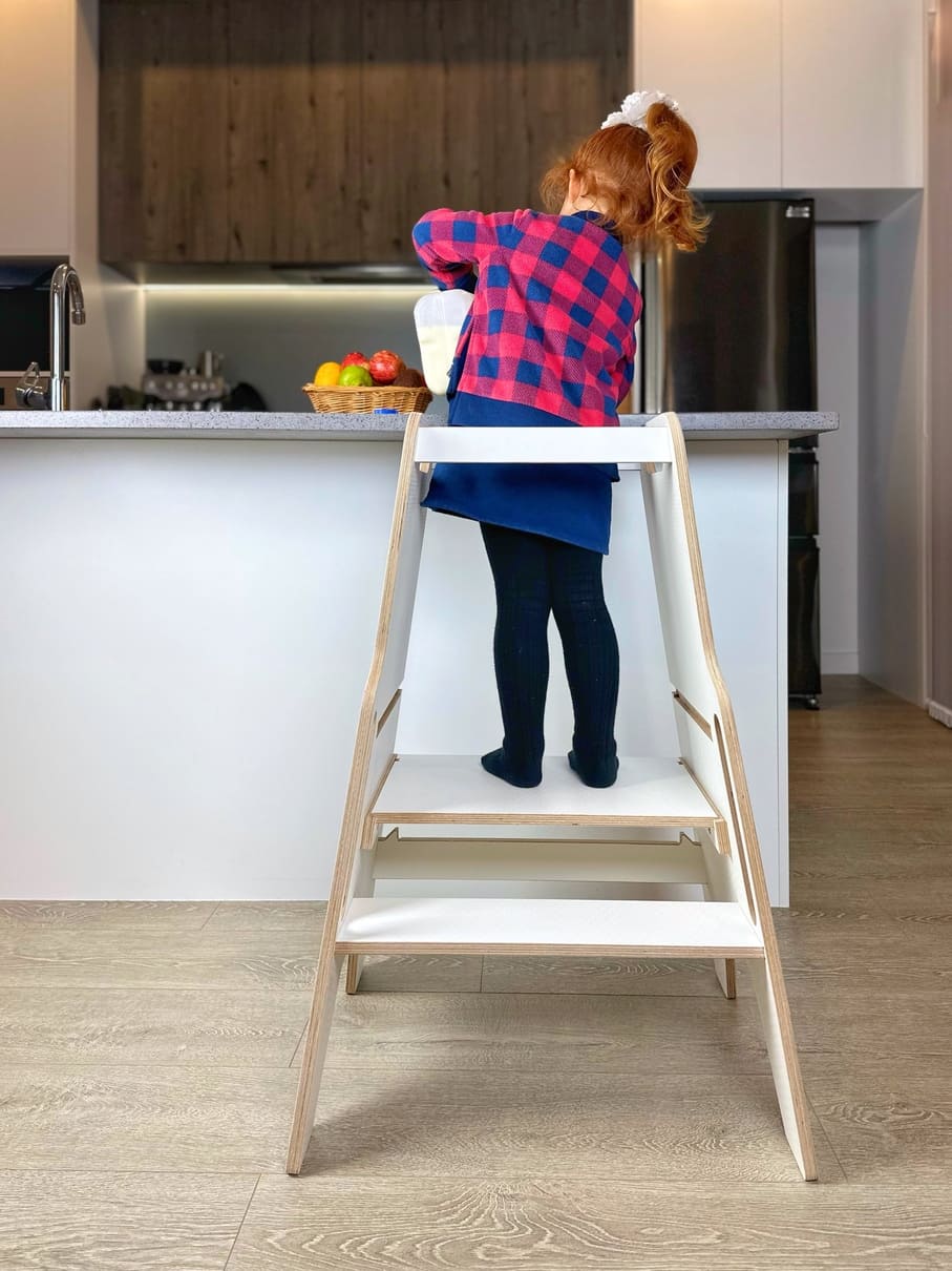 NZ-made learning tower with three height levels — safe bench access for everyday learning and independence