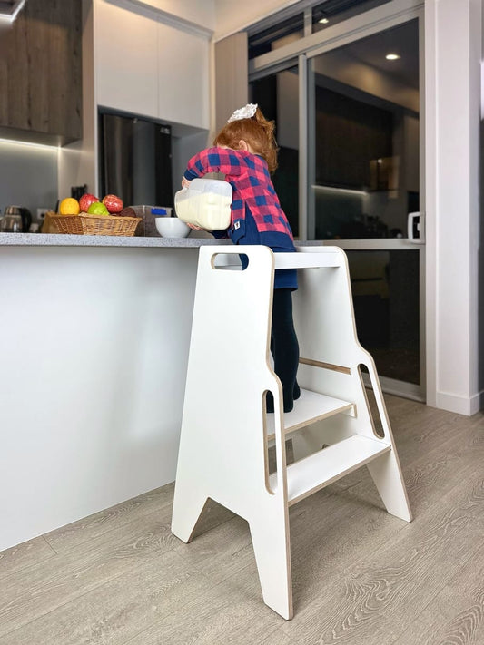 Learning tower with easy-grip handles for safe, confident climbing and everyday kitchen involvement