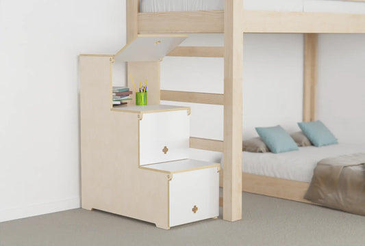 Compact storage stairs with hidden compartments under each step, used as safe access to a children’s loft bed