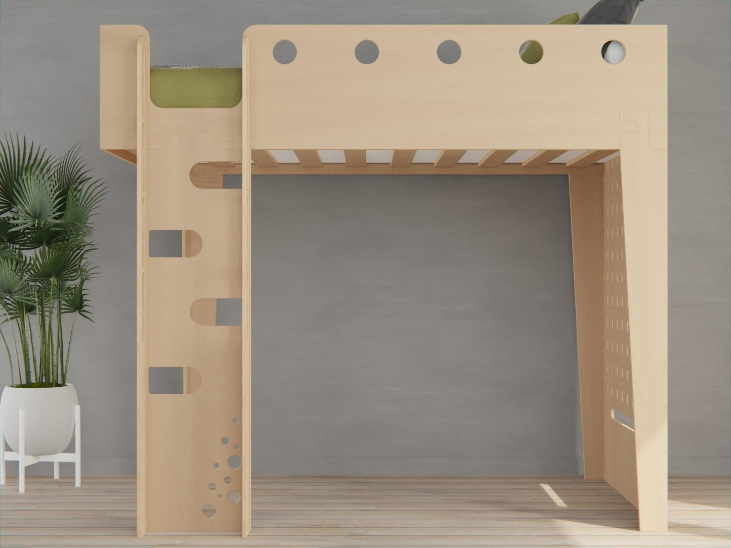 Maximize space with our plywood loft bed featuring a built-in study desk. Sleep, study, succeed.