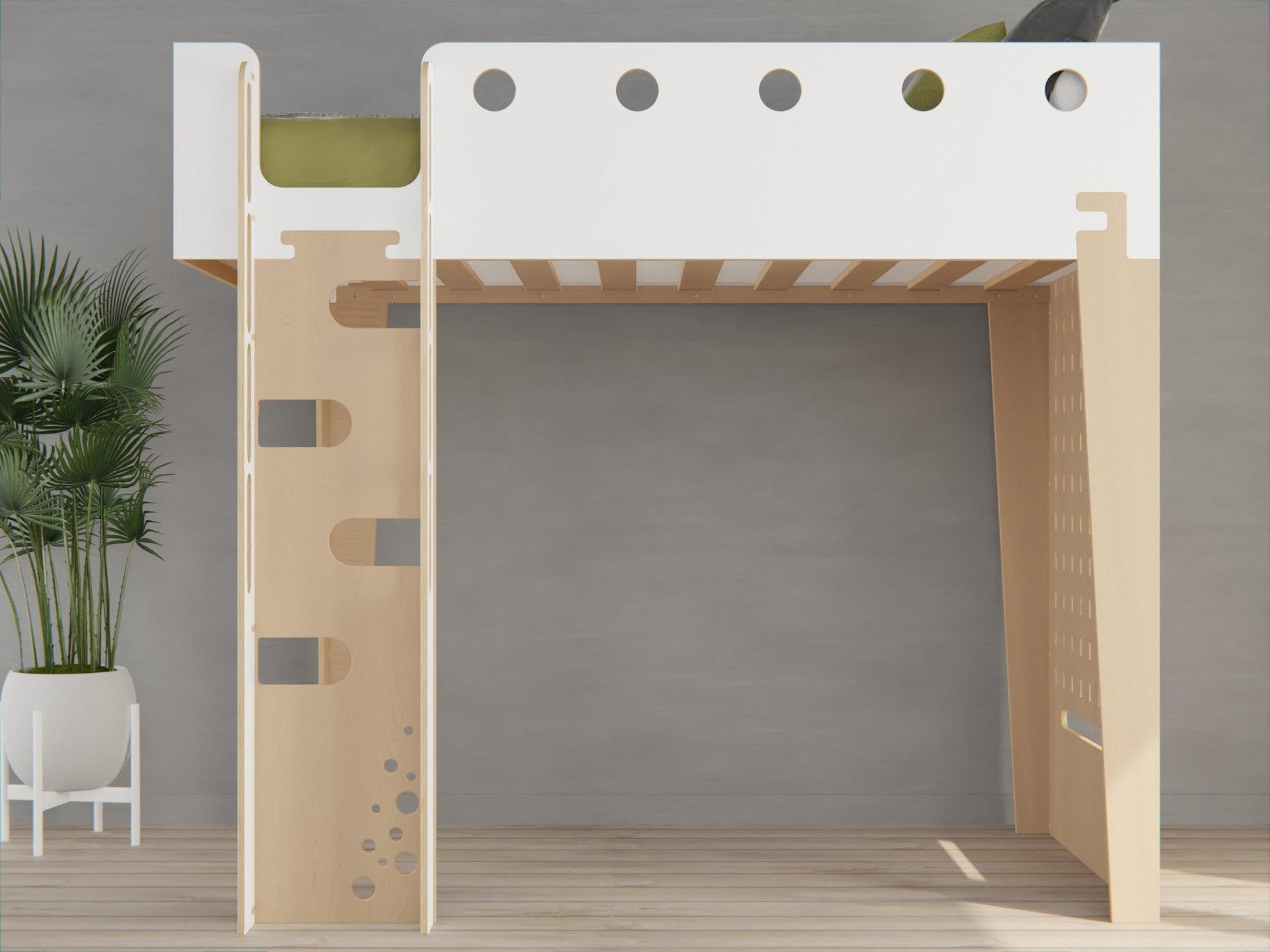 Experience the blend of rest and study with our versatile white plywood loft bed with a desk."