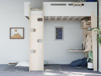 Experience the blend of rest and study with our versatile plywood elevated bed with a desk