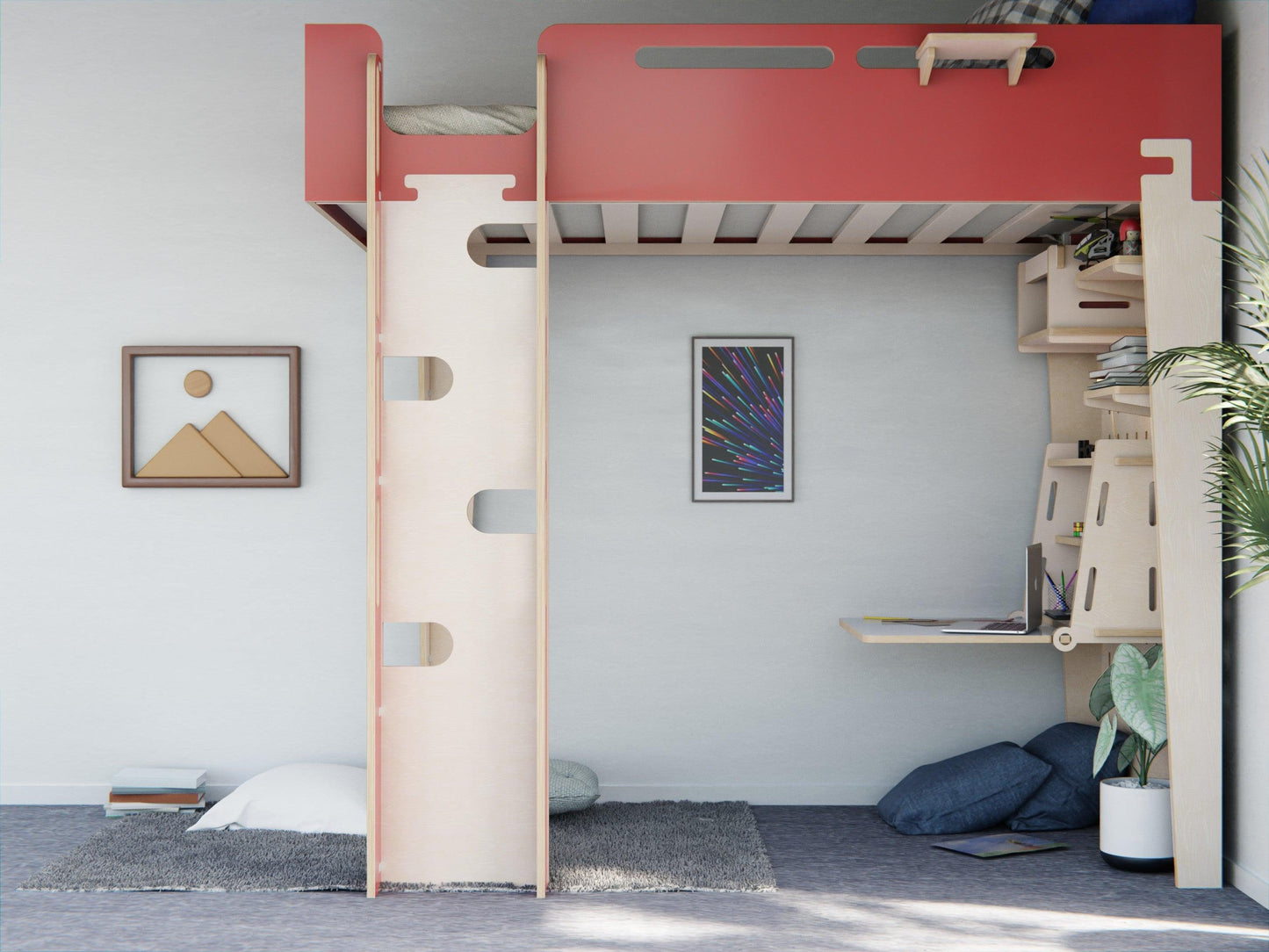 Experience the blend of rest and study with our versatile red plywood loft bed with a desk."