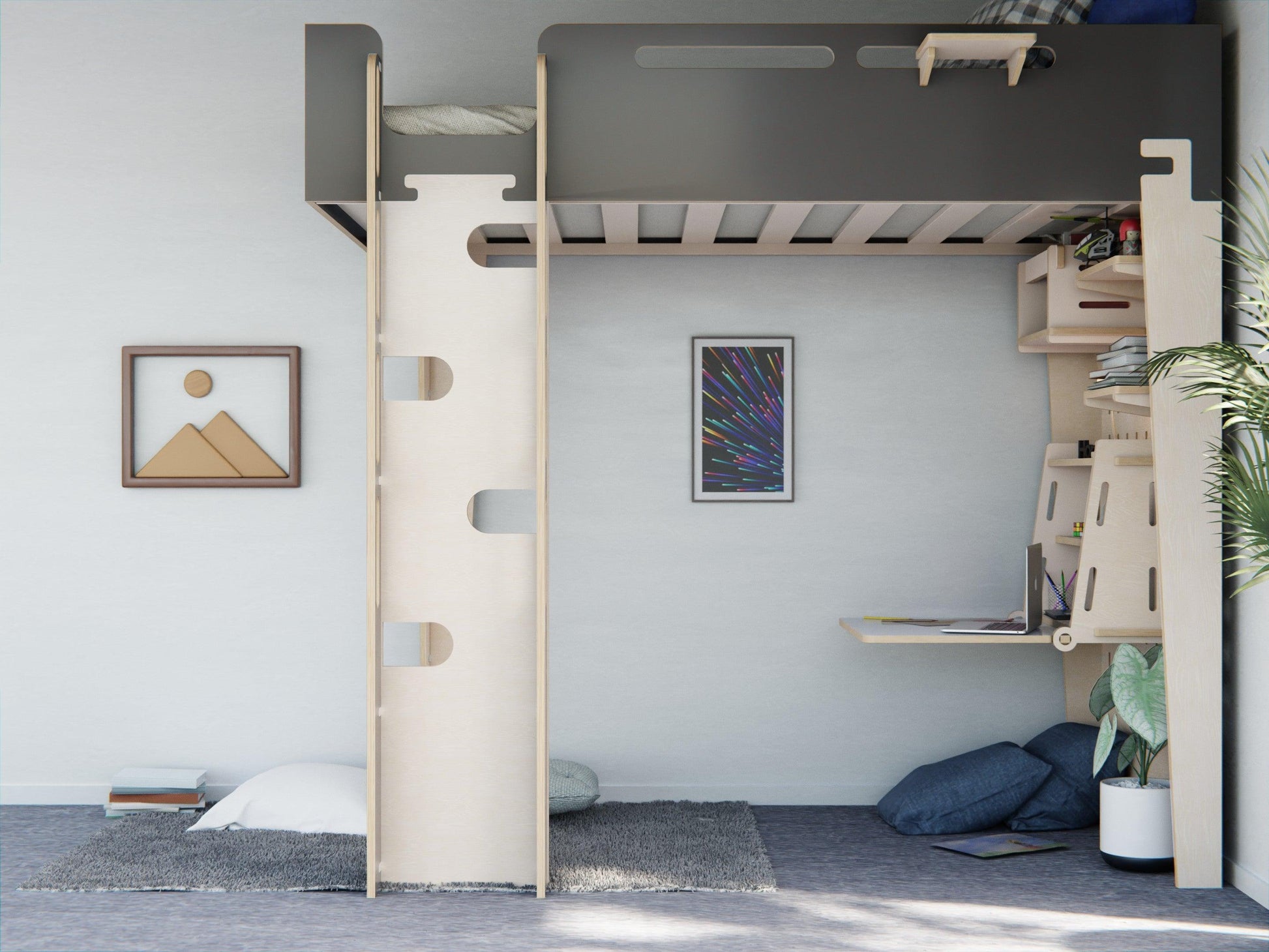 Maximize space with our black plywood loft bed featuring a built-in study desk. Sleep, study, succeed.
