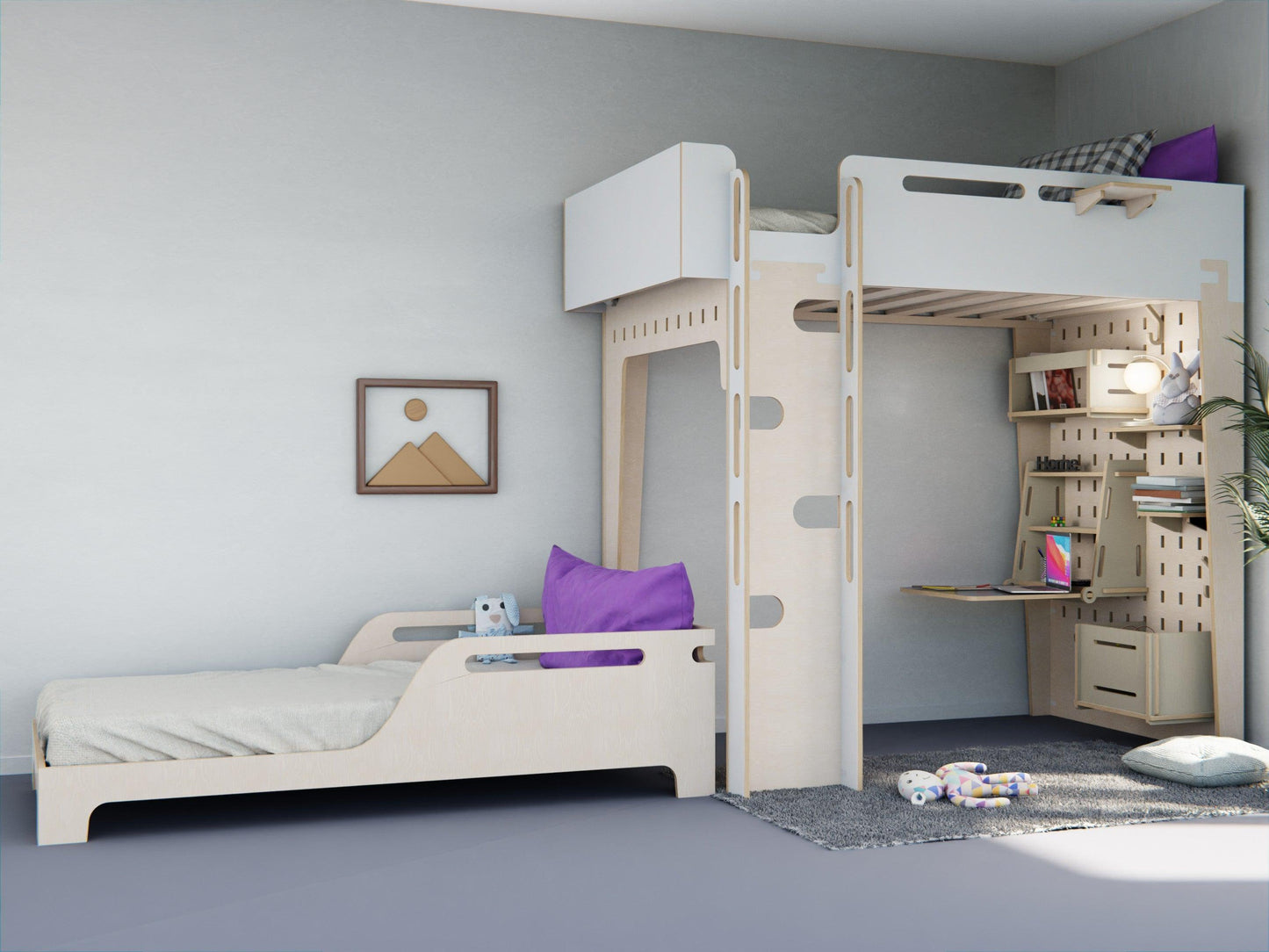 Multifunctional design in our plywood loft bed and study desk combo. Space-saving never looked so good.