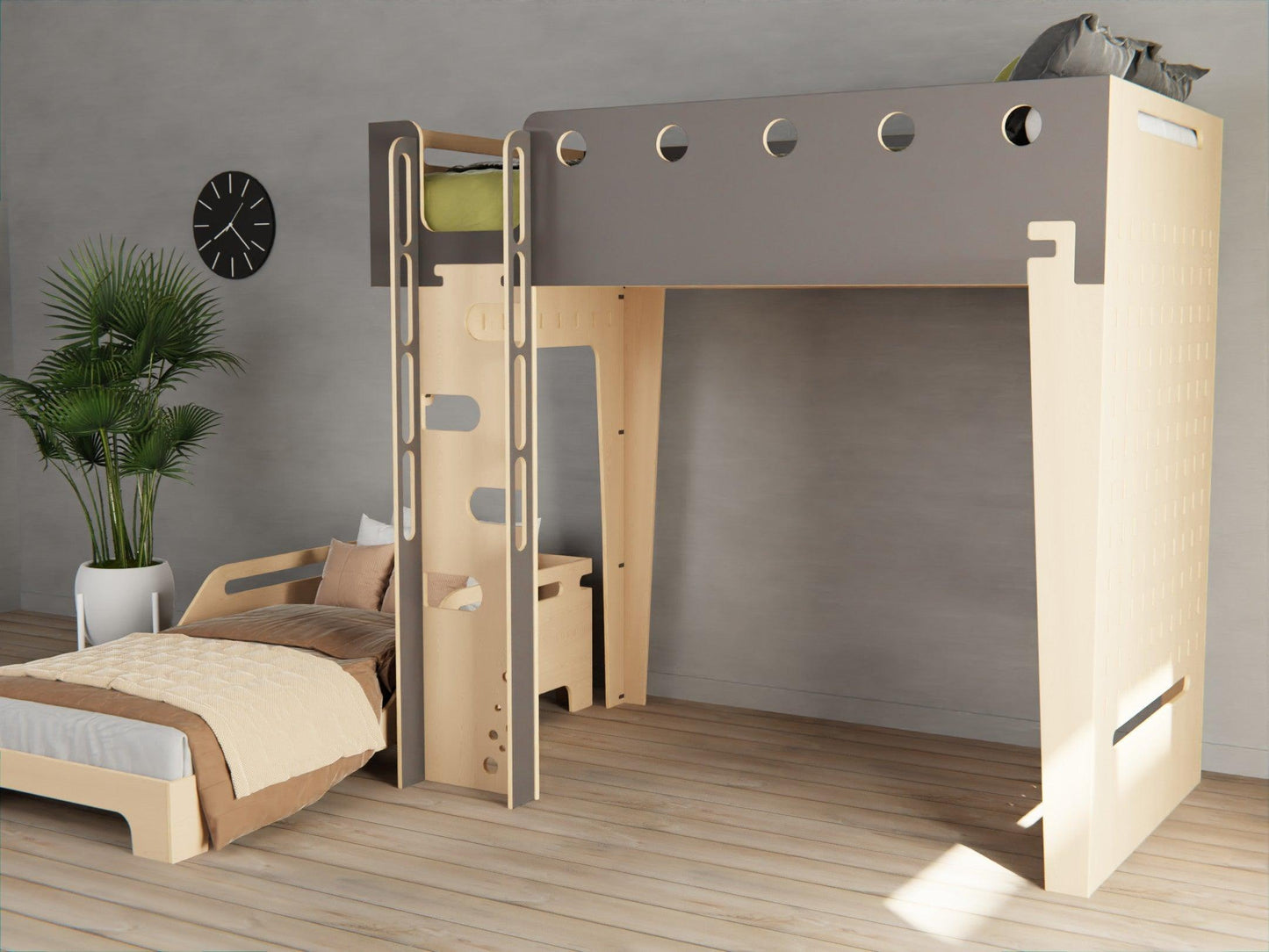 Creating an efficient space: our black  plywood loft bed integrates a study desk.