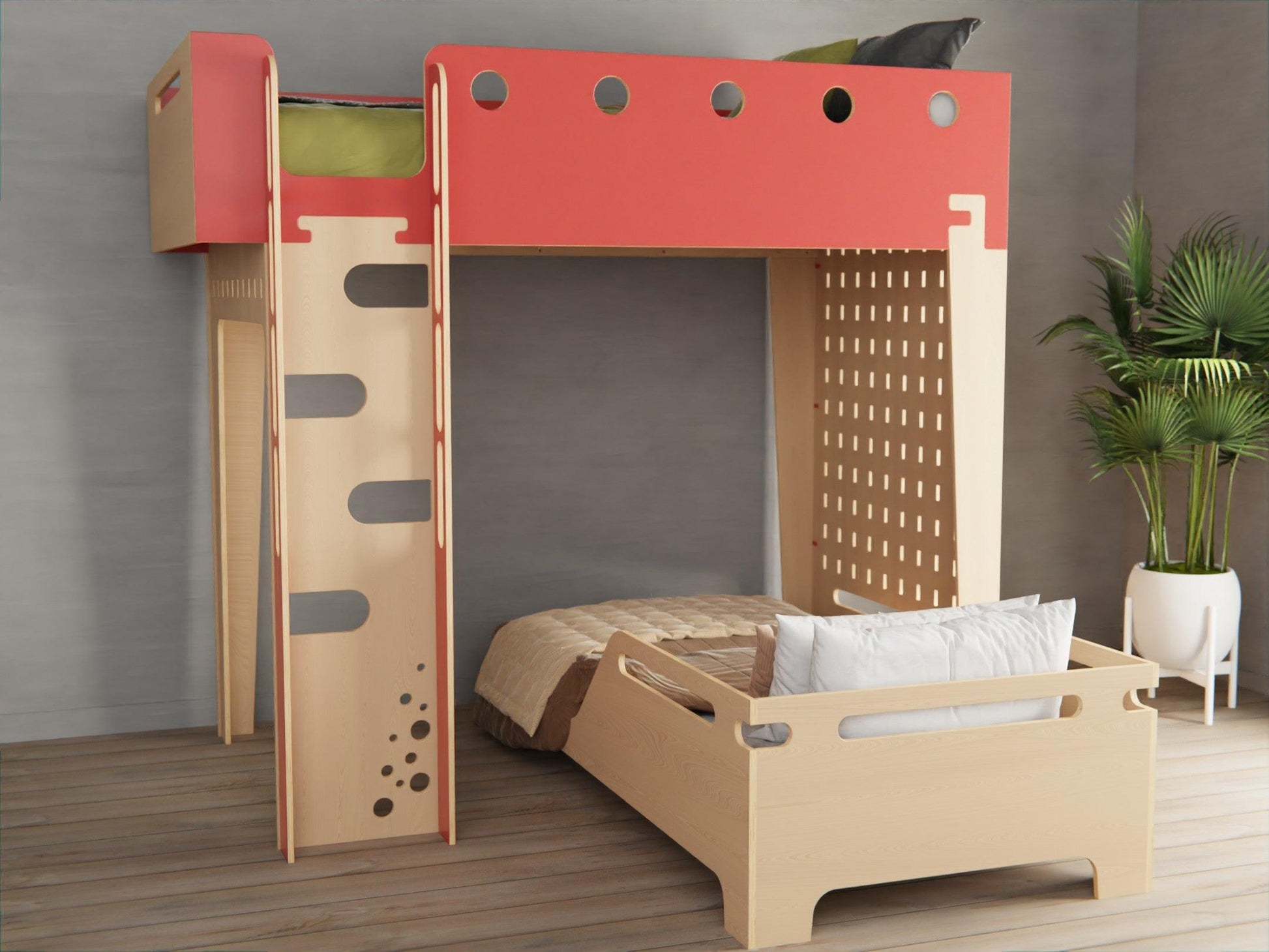 Bring home our plywood loft bed with pegboard, an elegant solution for sleep and study.