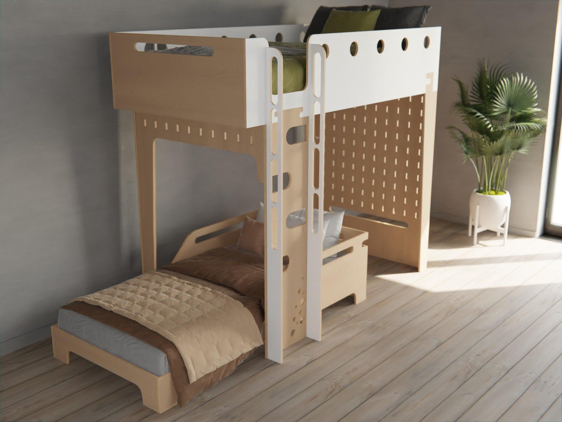 Maximize functionality with our plywood loft bed, complete with study desk. Designed for kids.
