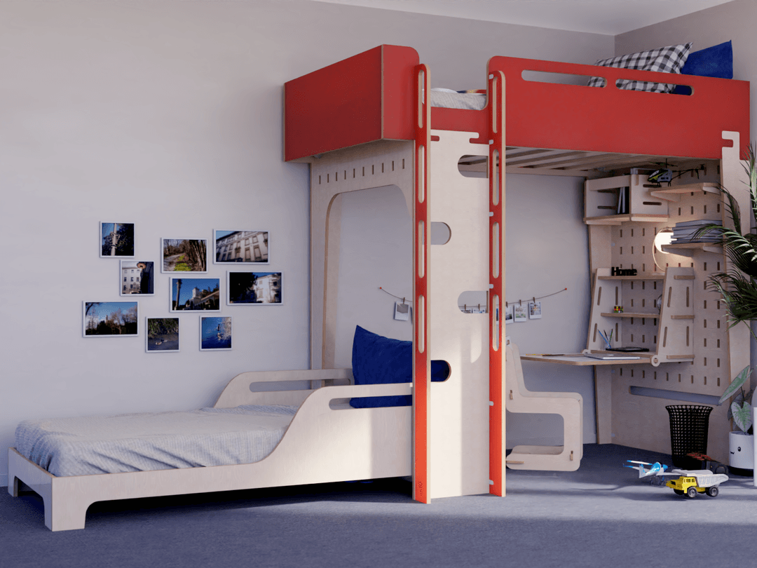 Our plywood elevated bed with study desk - a smart solution for sleep and study.