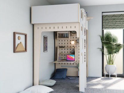 Functional and stylish, our white plywood loft bed houses a study desk for productivity and rest