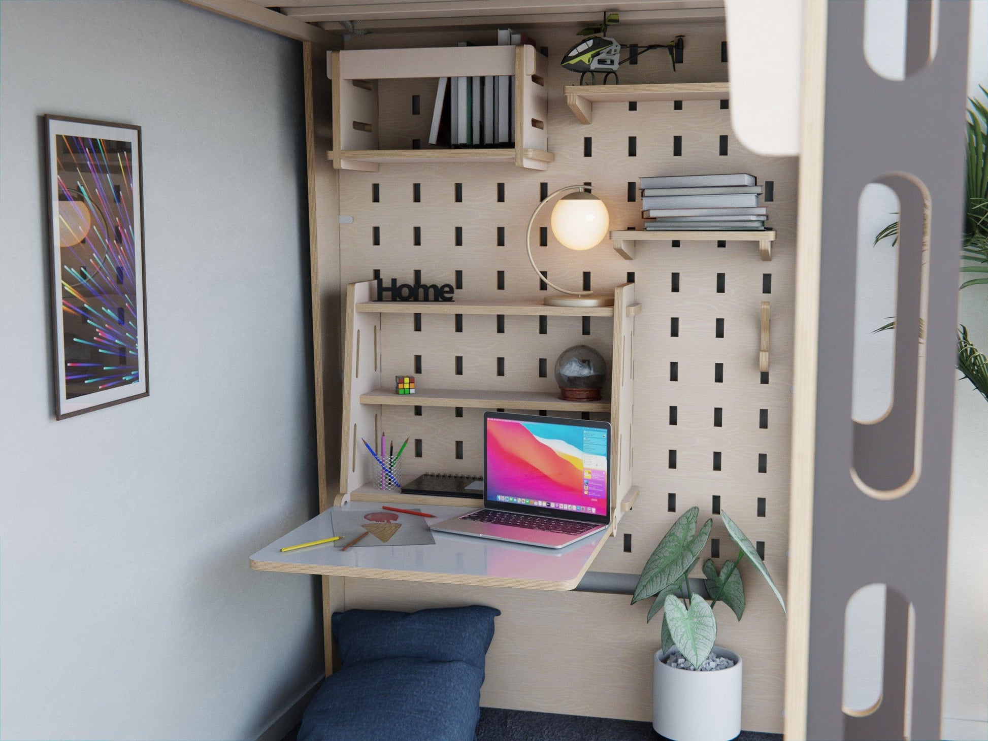 Study and slumber in style with our all-in-one plywood loft bed and desk combo.