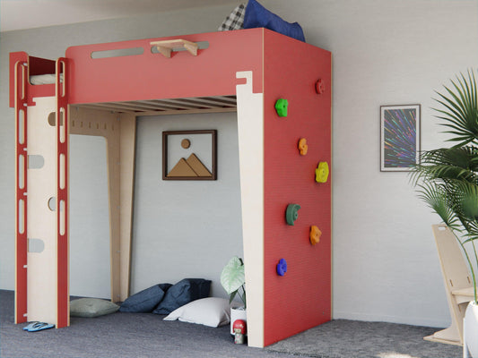 Experience adventure with our Red plywood loft bed featuring a rock climbing wall. Fun and functional!