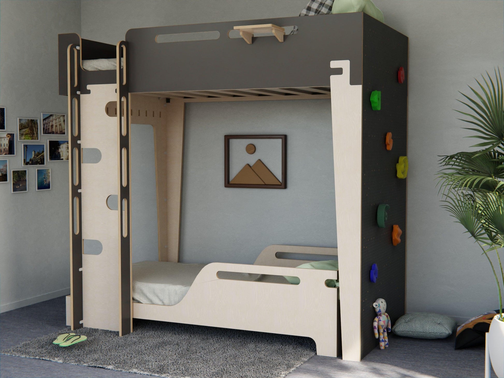 Plywood elevated bed meets excitement with an integrated rock climbing wall. Transform bedtime into playtime.