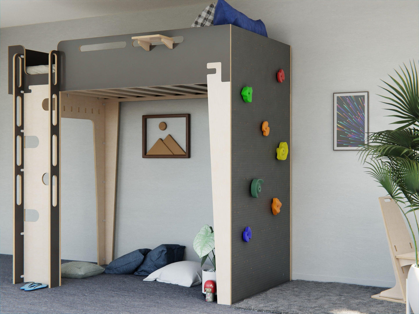 A black loft bed that inspires adventure. Discover our plywood loft bed with a rock climbing feature.