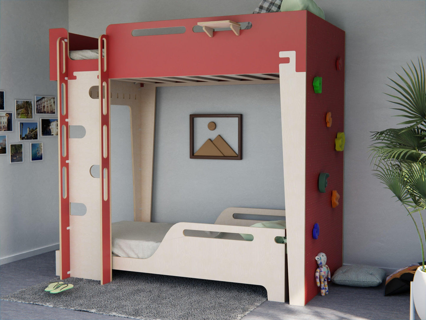 Plywood loft bed meets excitement with an integrated rock climbing wall. Transform bedtime into playtime.