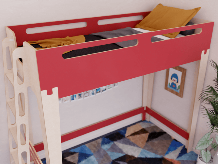Our red loft bed, crafted from plywood, provides a stylish and comfy haven for kids.