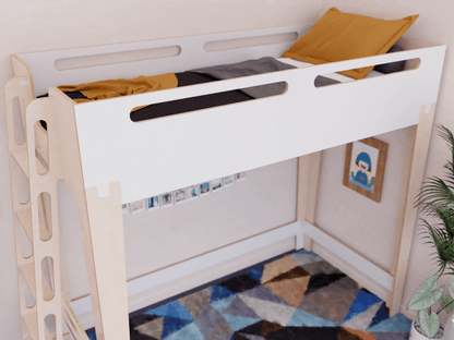Our modern white elevated bed, crafted from plywood, provides a stylish and comfy haven for kids.