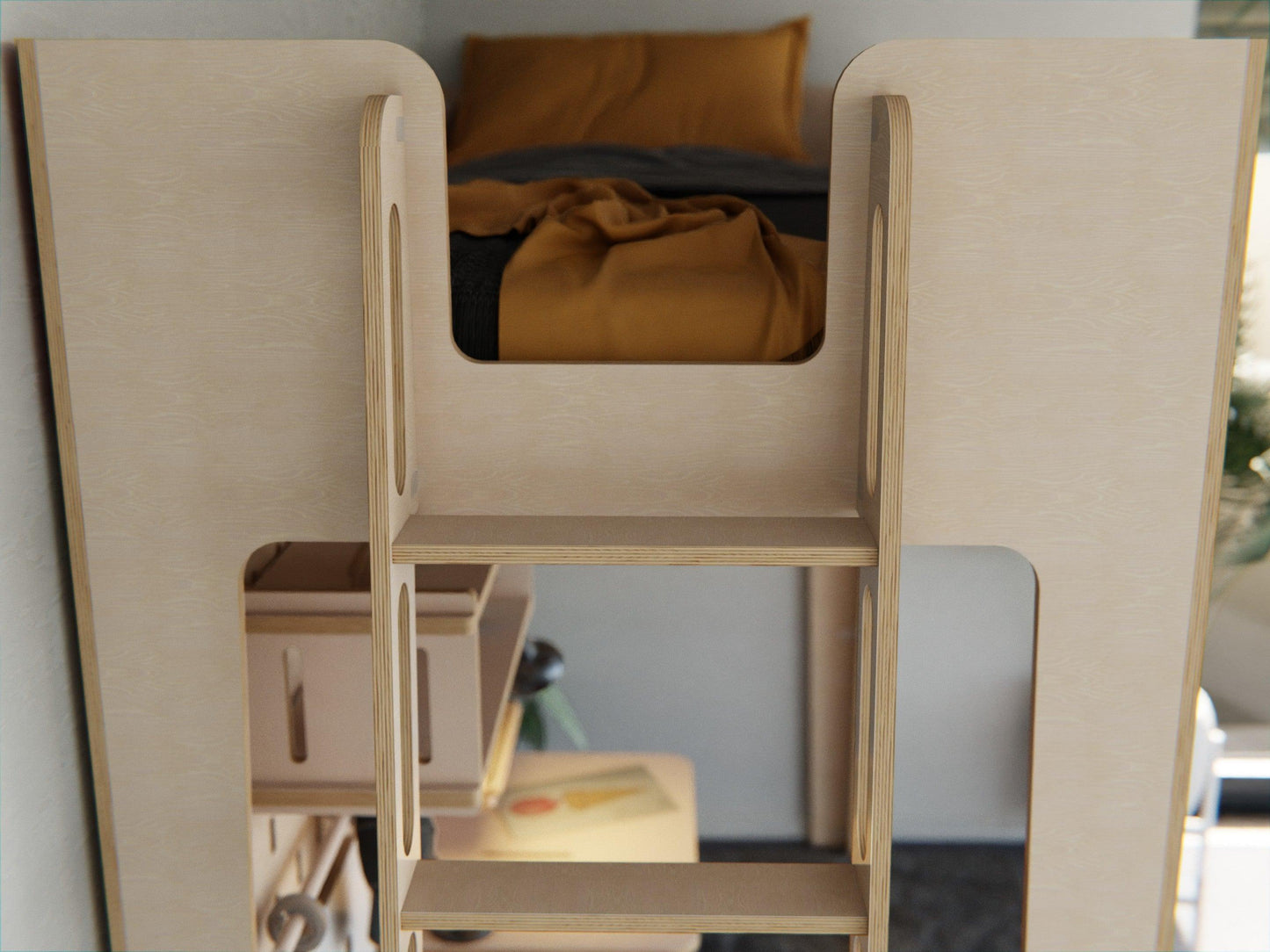 Explore our modern plywood loft bed - a stylish sanctuary that your kids will love.