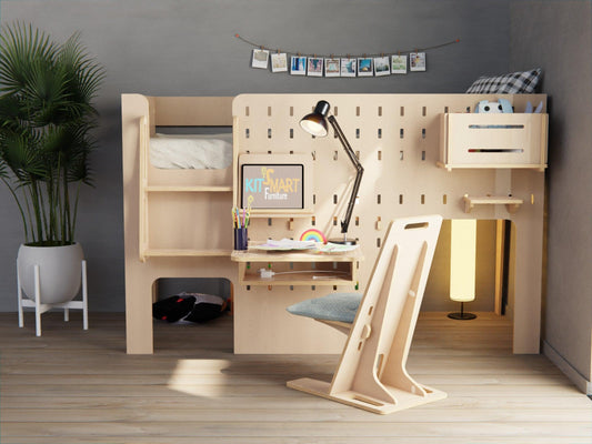 Child-focused design: Plywood low loft bed with integrated study desk.