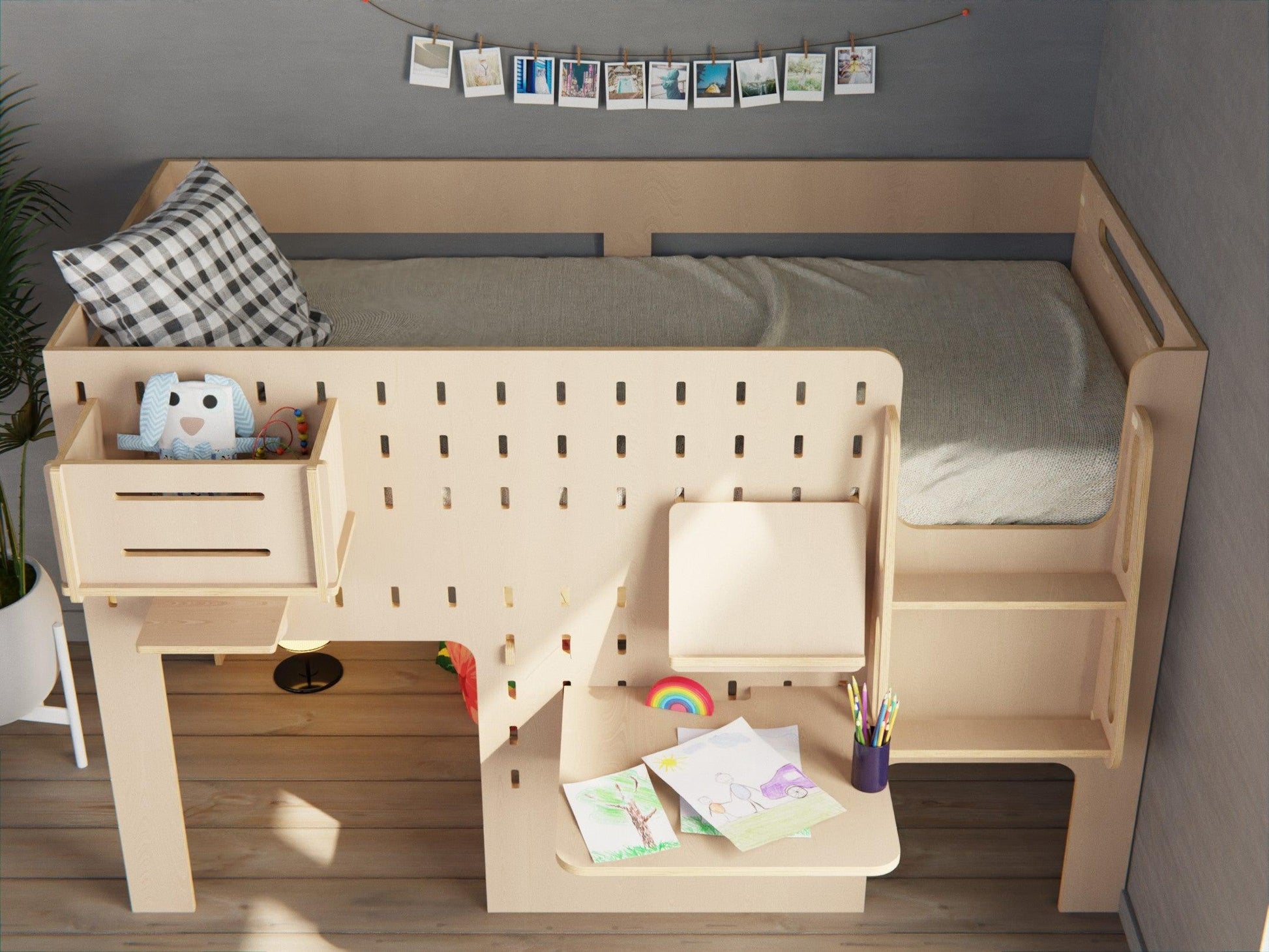 Expertly crafted kids' loft bed made from plywood with a built-in study desk.