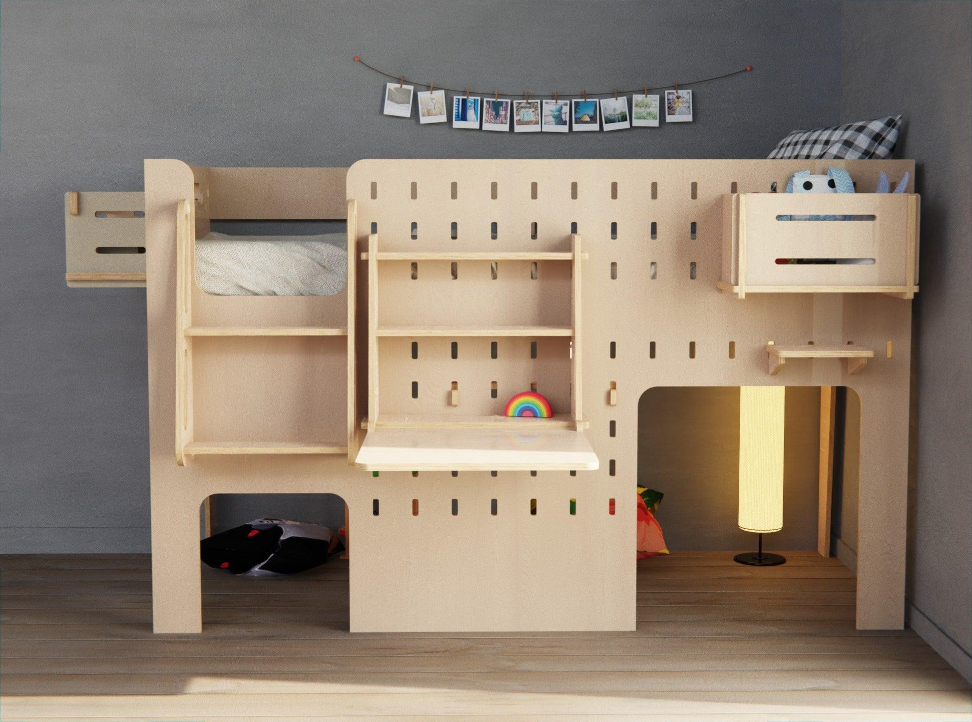 Eco-friendly design: Kid's plywood low loft bed with study table and shelf.