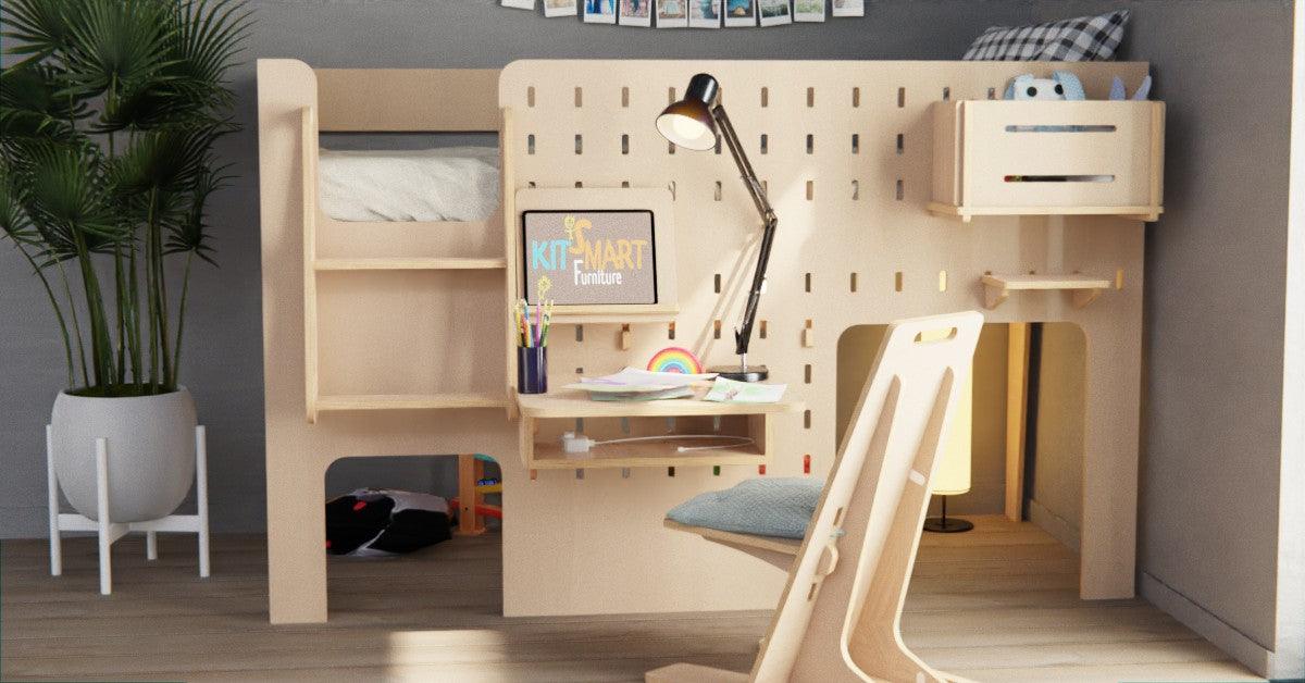 Kid's plywood low loft bed with spacious study table and shelf for books.