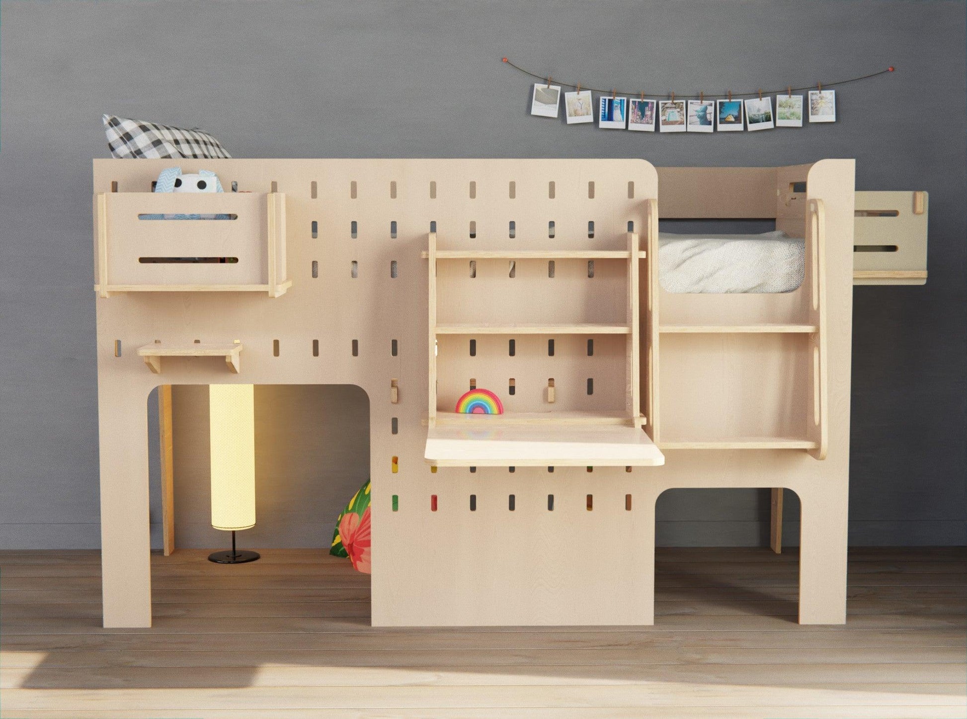 Practical and fun: Plywood low loft bed for kids with table and shelf.