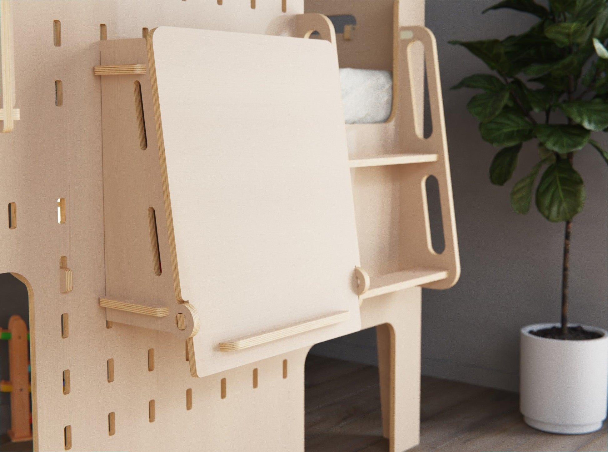 Encourage creativity with our kids' plywood low loft bed with study table and shelf.