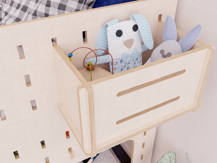 Children's low loft plywood bed featuring a study table and a handy shelf.