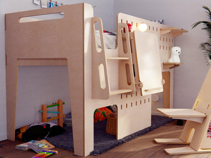 Expertly crafted kids' loft bed made from plywood with a built-in study desk