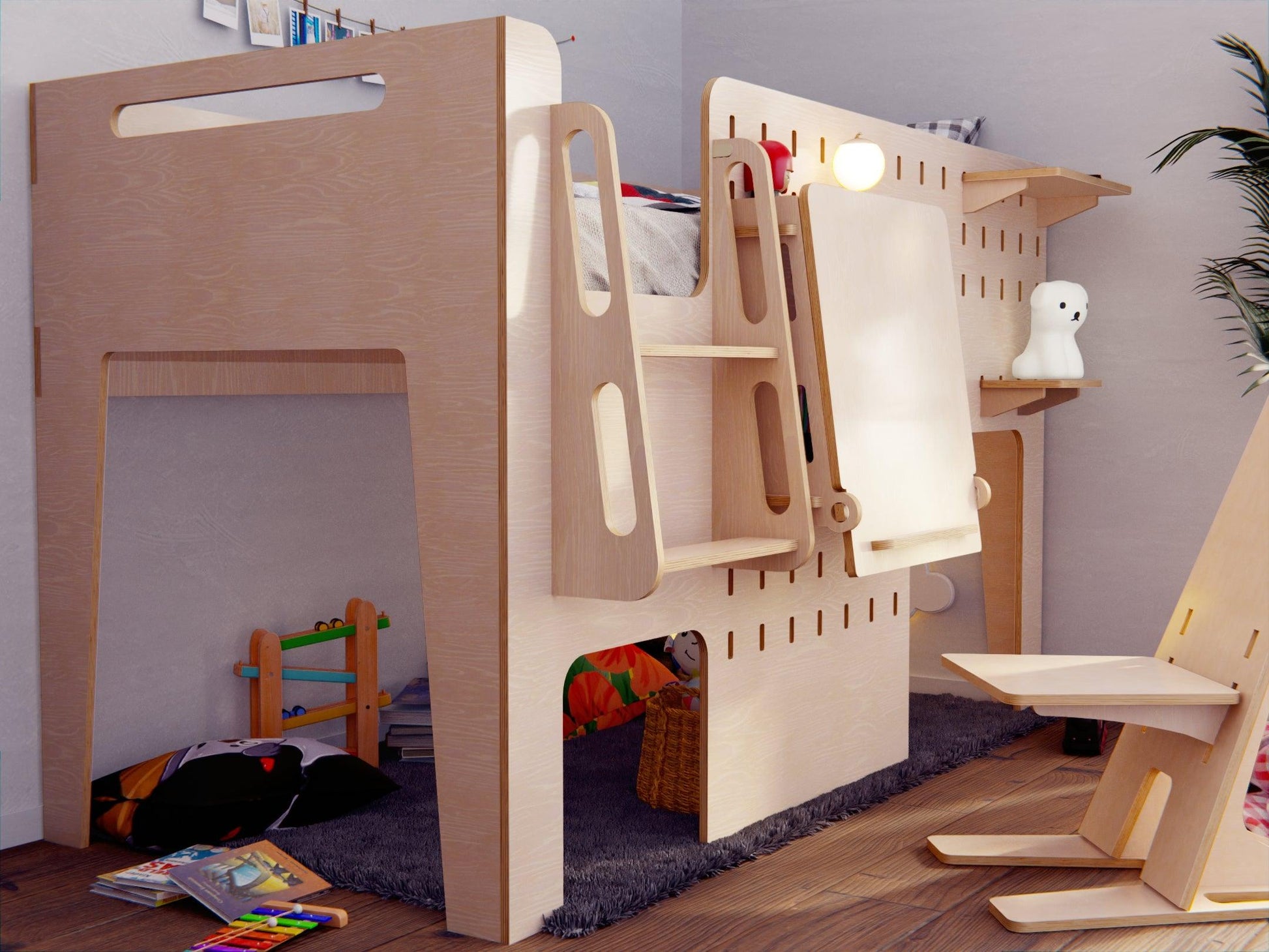 Convenient study set: Kids' plywood low loft bed with table and bookshelf.
