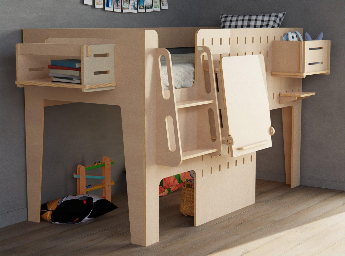Elegant children's plywood loft bed featuring a handy study table.