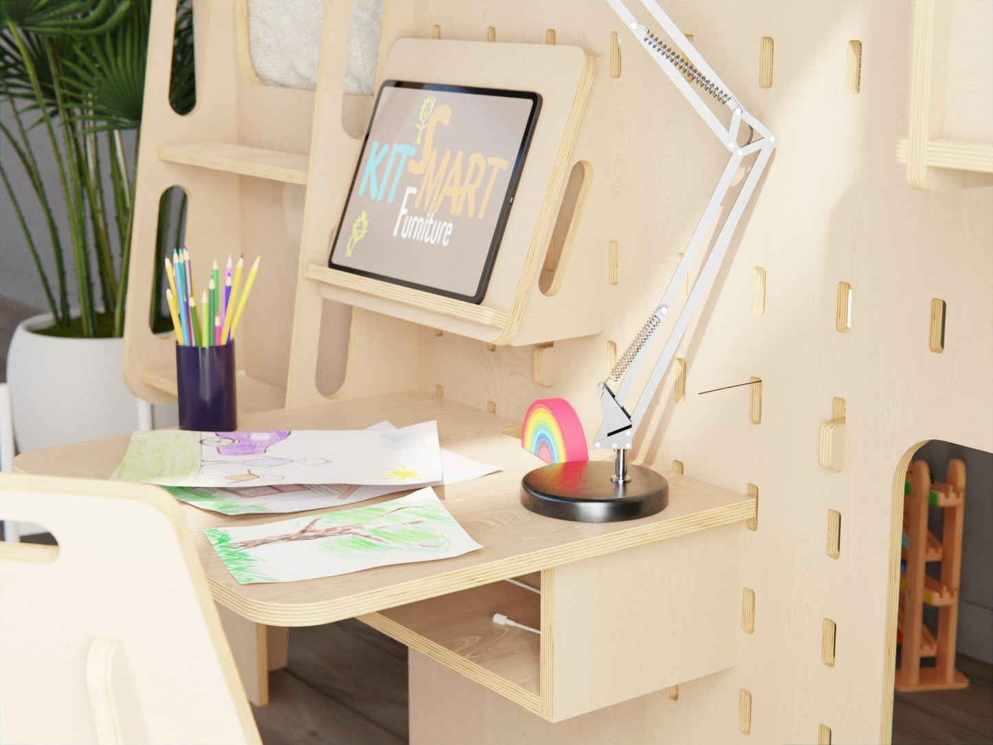 Space-saving kids' loft bed in plywood with study area.