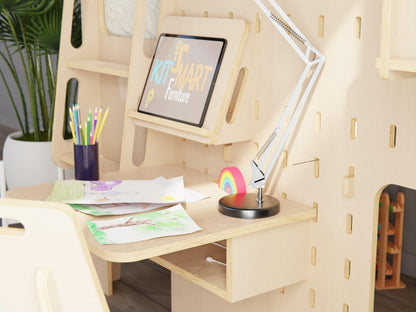 Space-saving kids' loft bed in plywood with study area