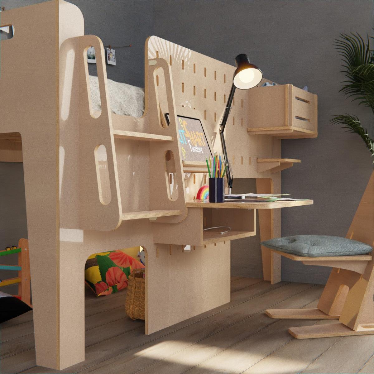 Comfort meets functionality: Kid's low loft plywood bed with desk.