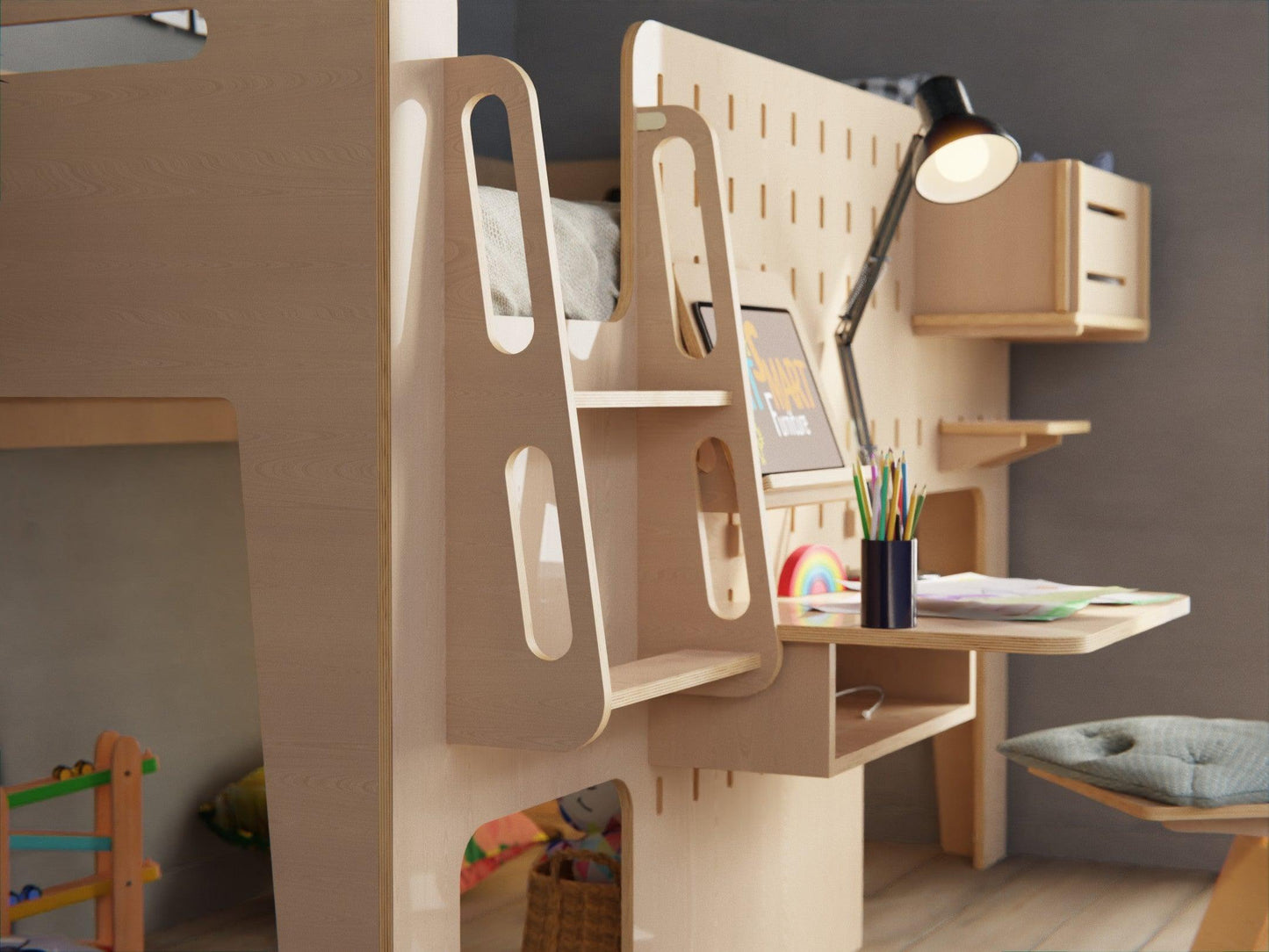 Quality plywood loft bed for kids featuring an organised study table.