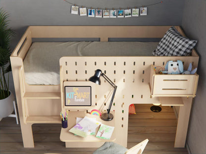Convenient study set: Kids' plywood low loft bed with table and bookshelf