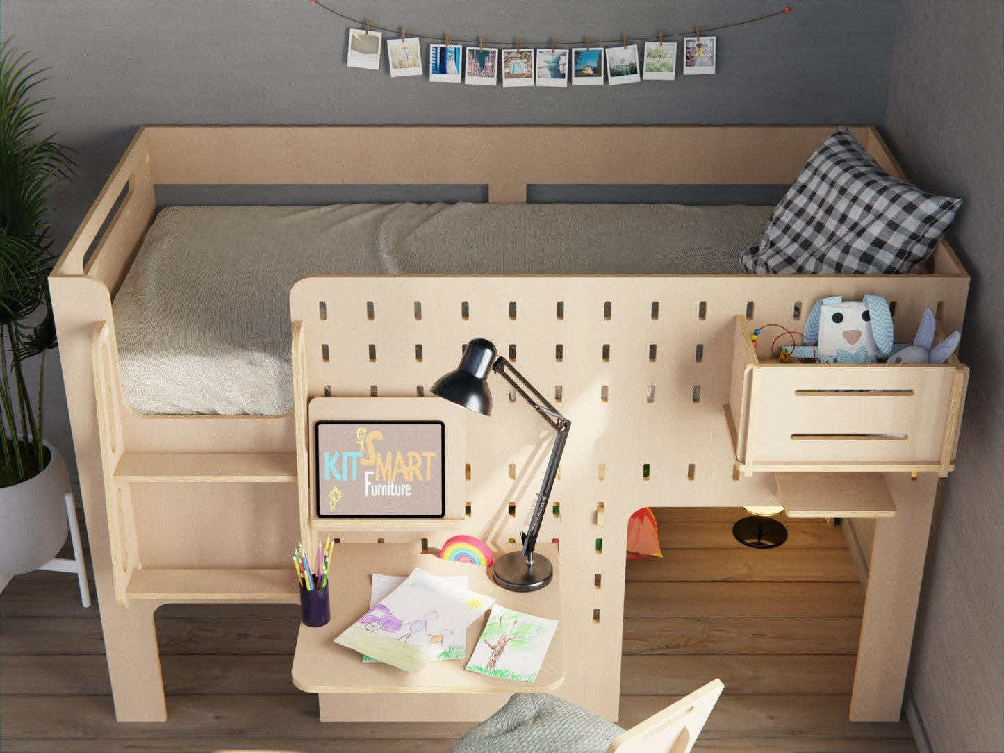 Stylish and sturdy plywood low loft bed with practical study desk for children.