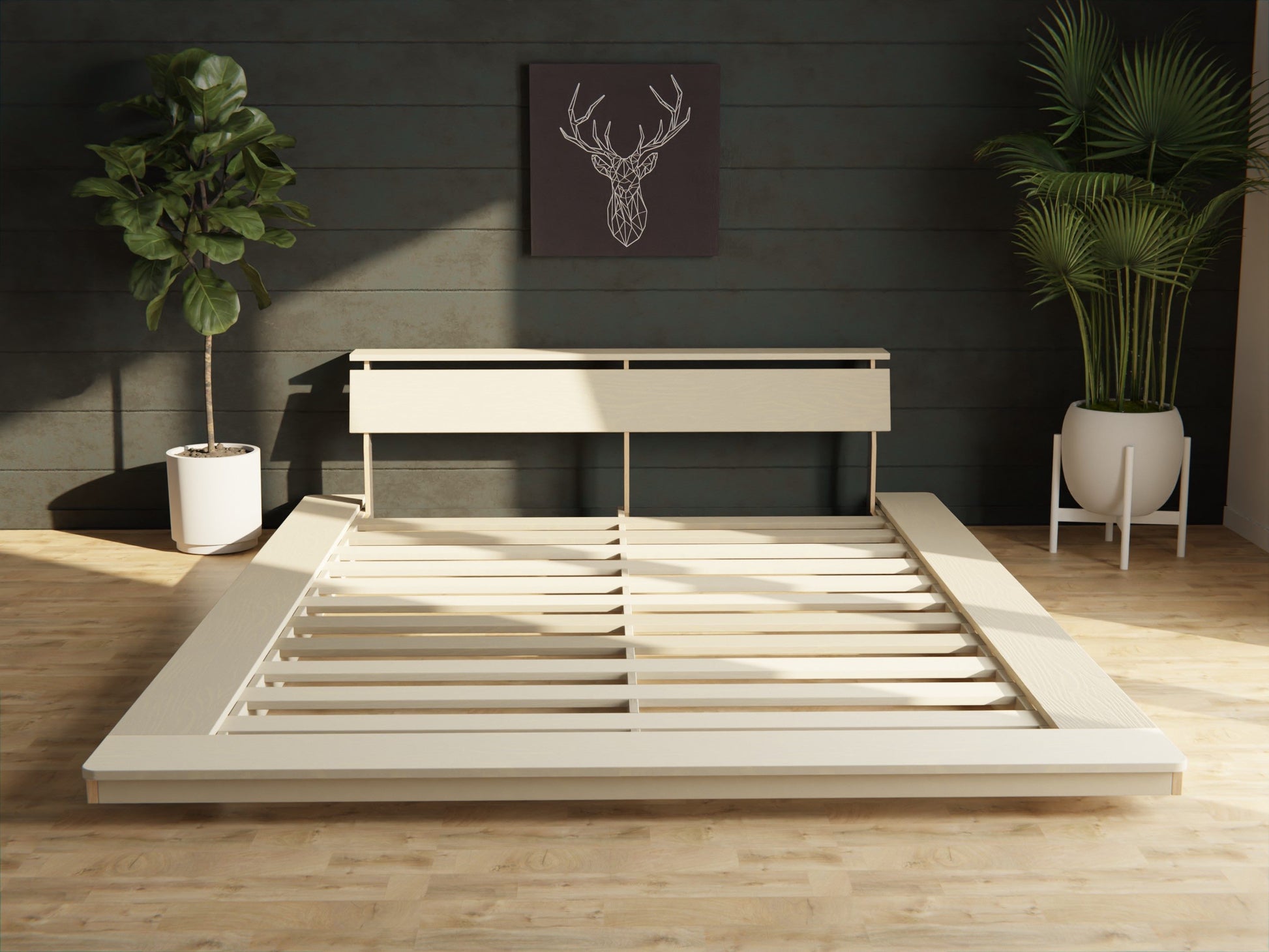 Low platform bed frame crafted from solid wood. Experience the elegance of a floating bed. Upgrade your sleep space now! 