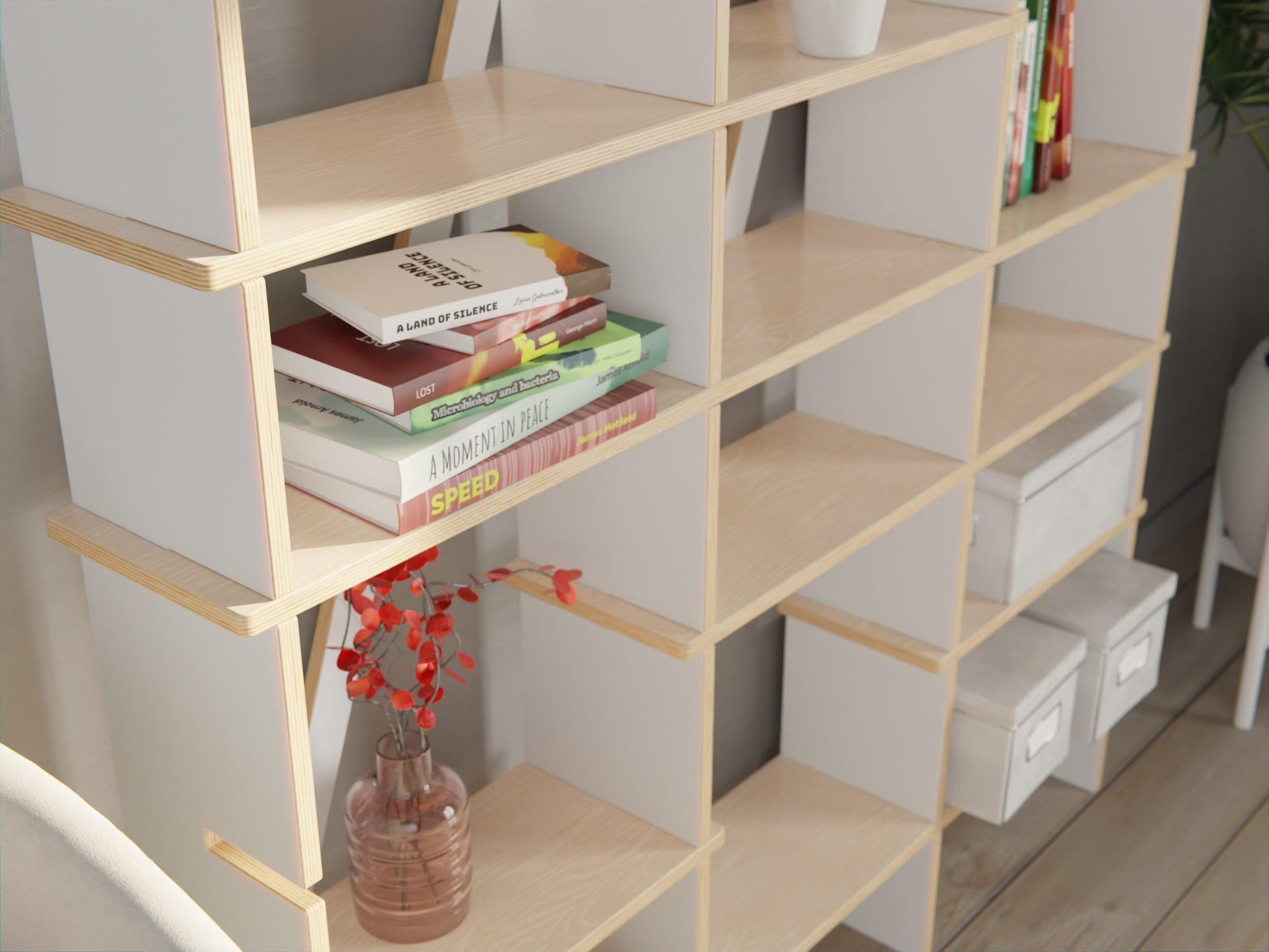 Explore our Modular Shelf Storage System. A plywood modular bookshelf perfect for your modern space