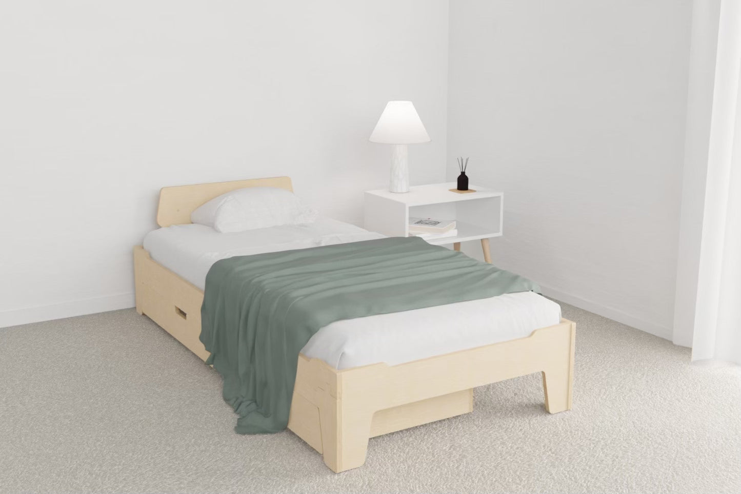 Flippable bed frame with optional guard rail and under bed Storage Drawer for tidy linens