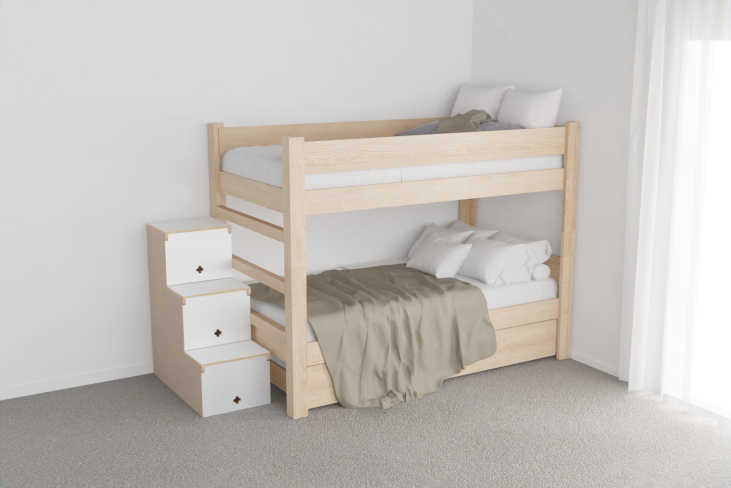NZ pine bunk bed with pull-out trundle for guests or siblings